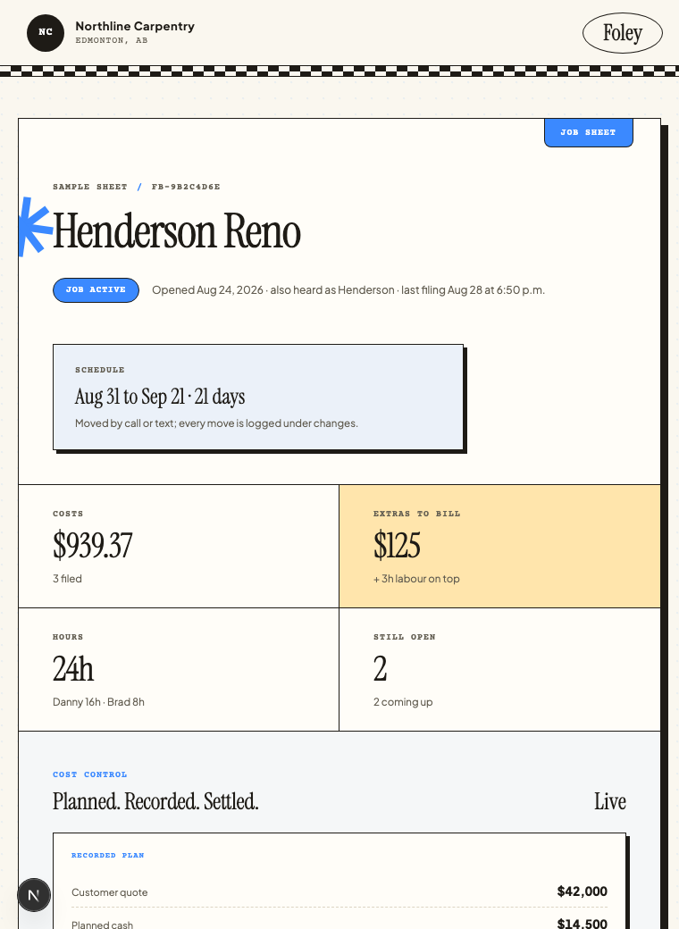 The Henderson Reno Foley job sheet showing its recorded plan, direct costs, commitments and held result
