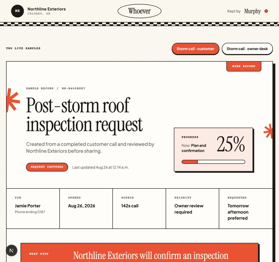 Actual Whoever Records customer view for a fictional post-storm roof inspection request